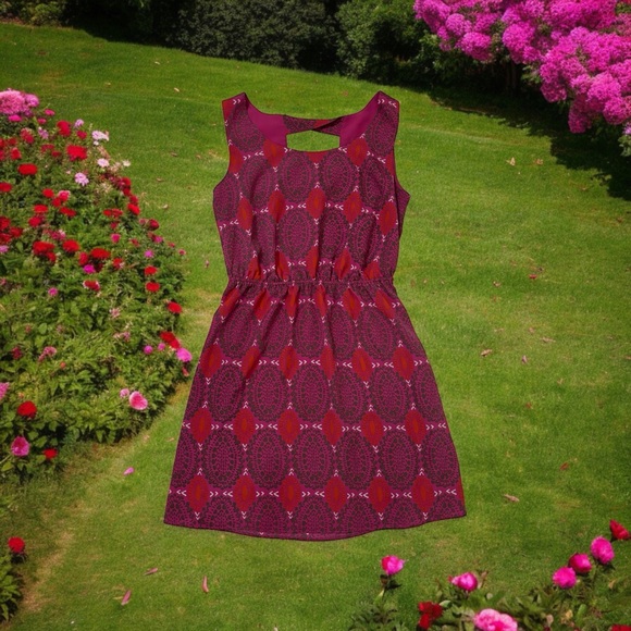 GAP Dresses & Skirts - Gap Sun Dress Size M Pink Purple Abstract Design. Elastic Waist Cut Out Back
